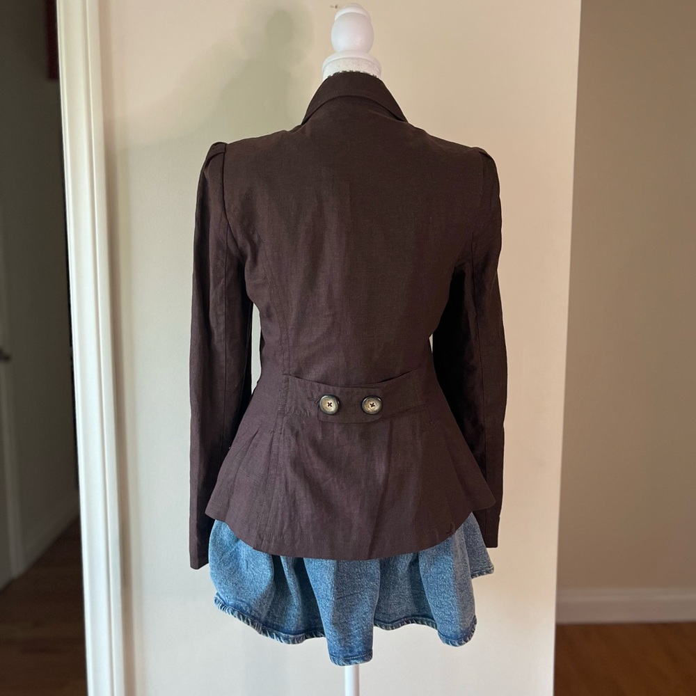 Vintage 2000s Designer Max Azria Euro Minimalist Brown Linen Blazer Jacket S - Picture 8 of 11